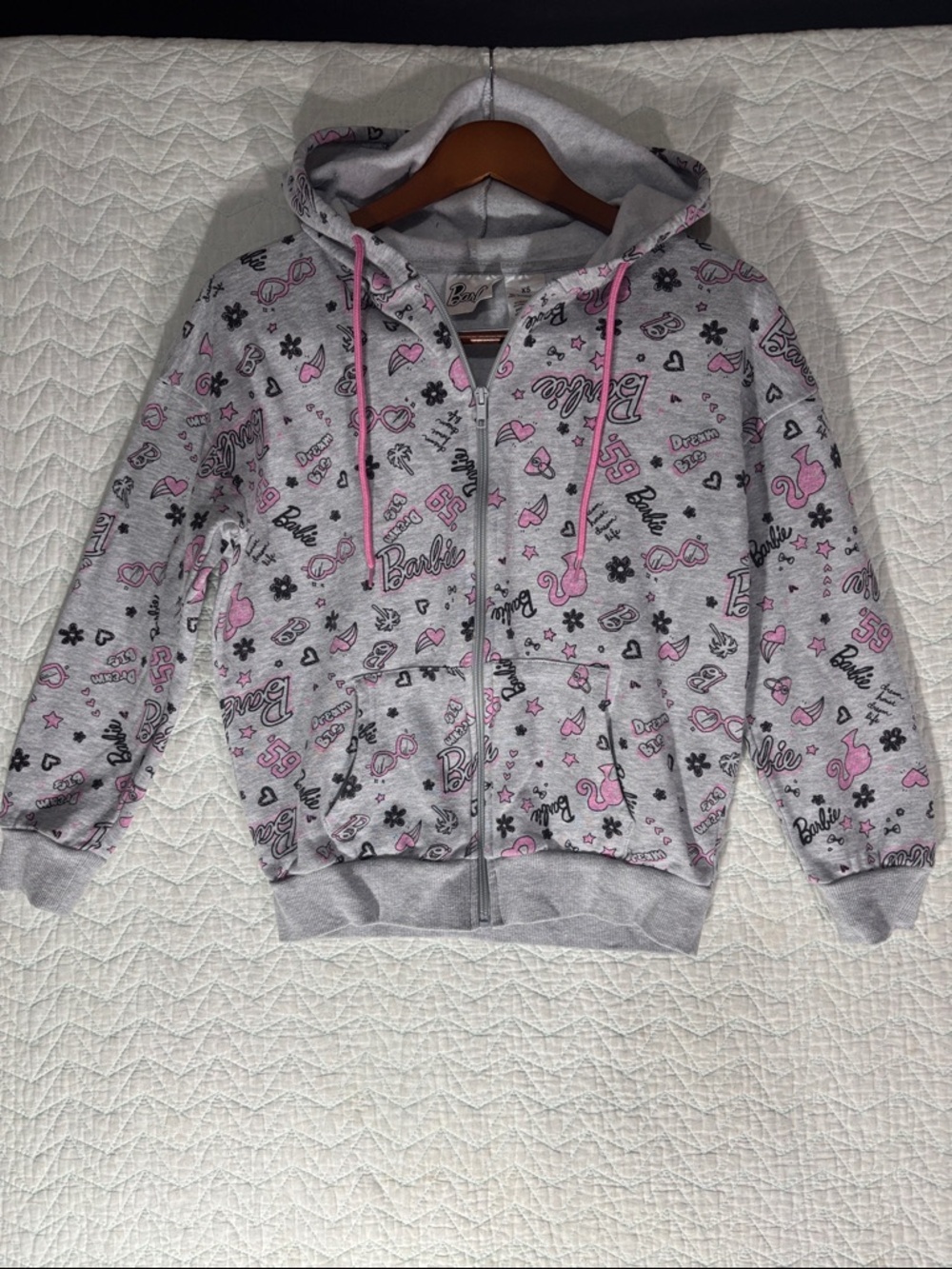 Barbie Gray Zip-Up Hoodie with Pink Drawstrings and All-Over Logo Print - Picture 1 of 5